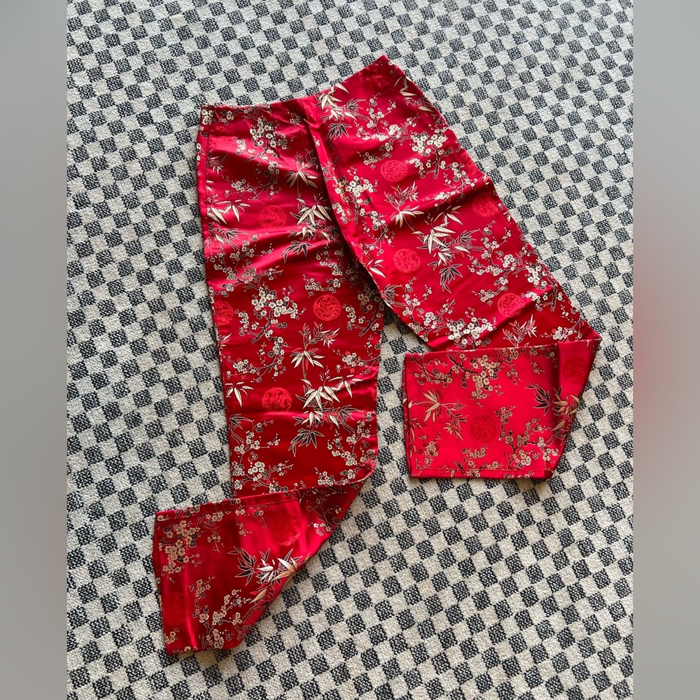 Vintage Forwear New York silk blend red embroidered cherry blossom brocade pant